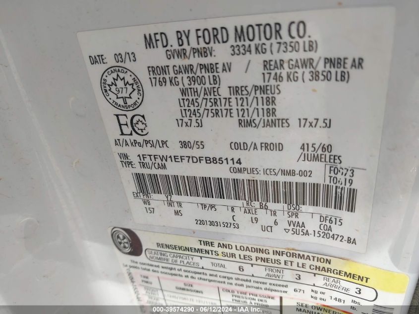 2013 Ford F-150 Xlt VIN: 1FTFW1EF7DFB85114 Lot: 39574290