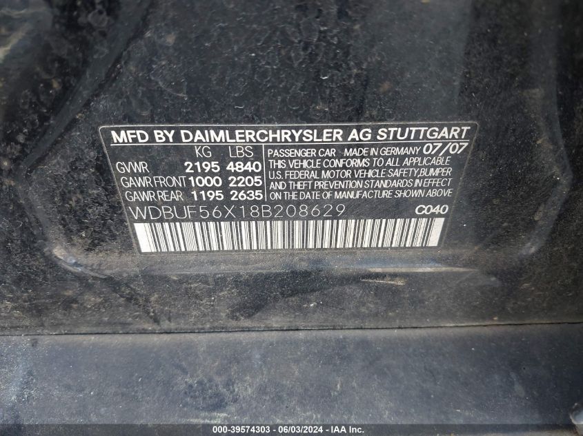 2008 Mercedes-Benz E 350 VIN: WDBUF56X18B208629 Lot: 39574303