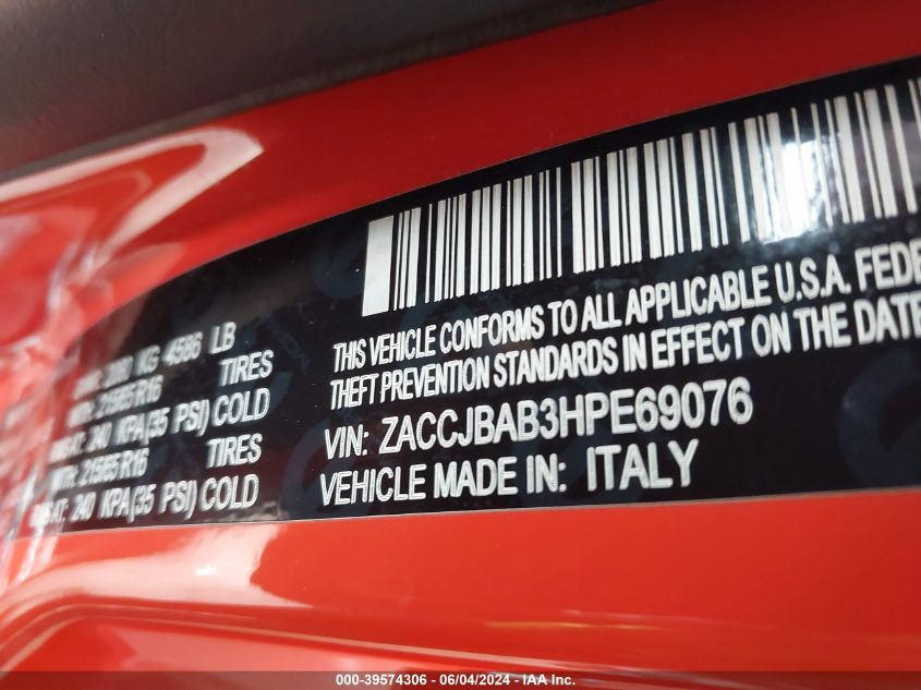 2017 Jeep Renegade Sport 4X4 VIN: ZACCJBAB3HPE69076 Lot: 39574306