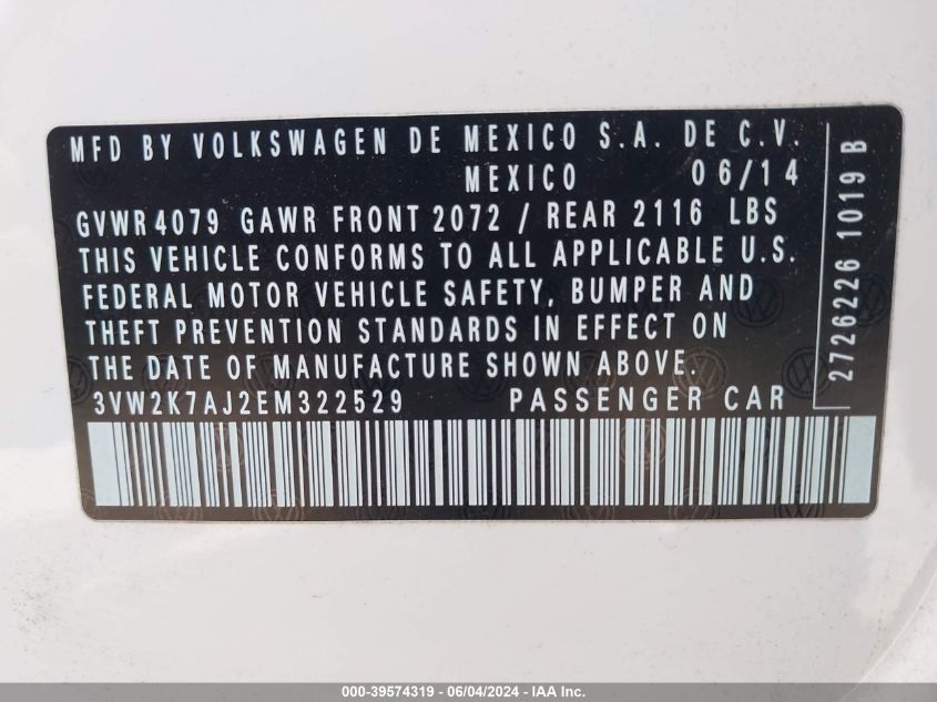 2014 VOLKSWAGEN JETTA 2.0L S - 3VW2K7AJ2EM322529