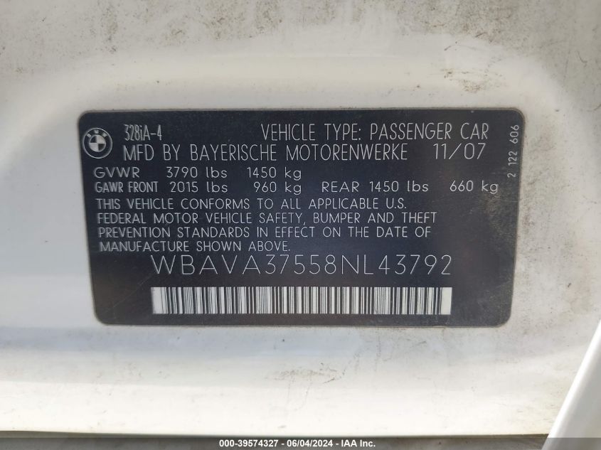 2008 BMW 328I VIN: WBAVA37558NL43792 Lot: 39574327