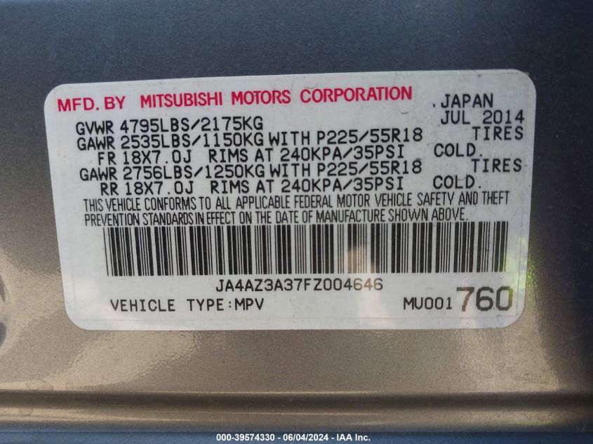 2015 Mitsubishi Outlander Se VIN: JA4AZ3A37FZ004646 Lot: 39574330