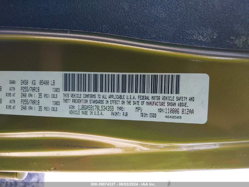 2008 Jeep Wrangler Unlimited Sahara VIN: 1J8GA59178L534359 Lot: 39574337