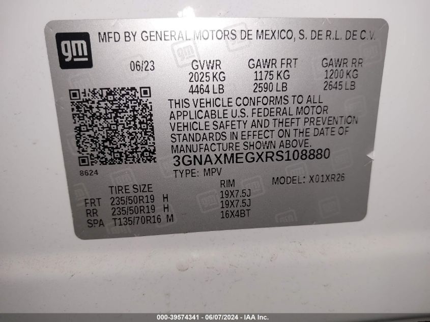 2024 Chevrolet Equinox Fwd Rs VIN: 3GNAXMEGXRS108880 Lot: 39574341