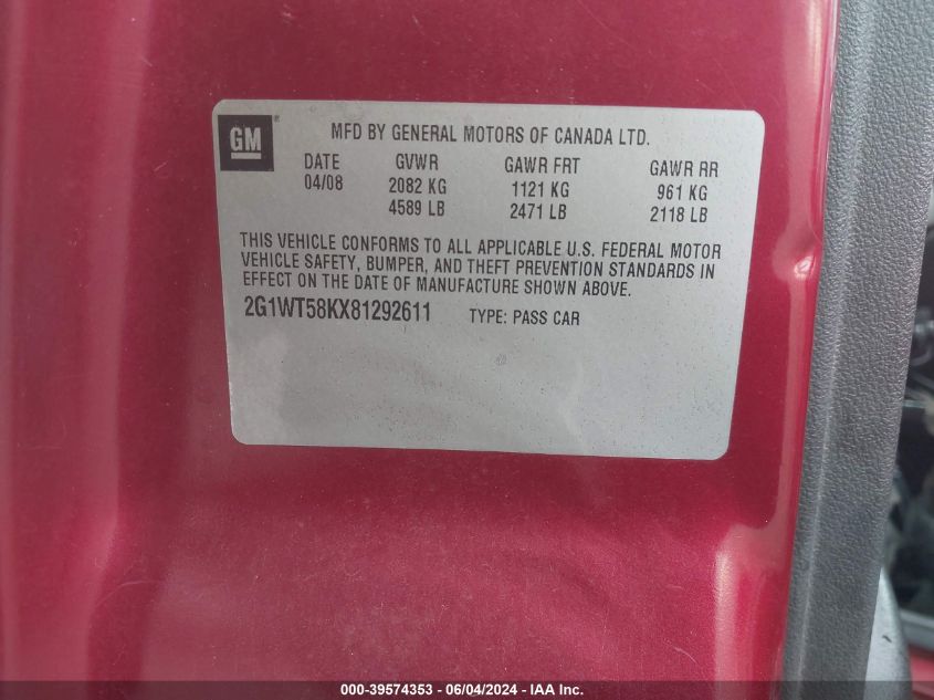 2008 Chevrolet Impala Lt VIN: 2G1WT58KX81292611 Lot: 39574353