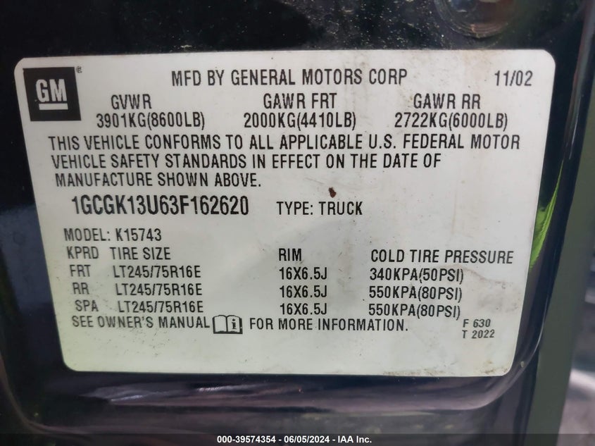 2003 Chevrolet Silverado 1500Hd Lt VIN: 1GCGK13U63F162620 Lot: 39574354