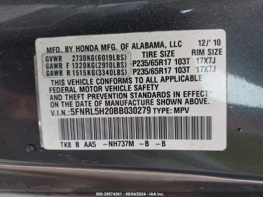 2011 Honda Odyssey Lx VIN: 5FNRL5H20BB030279 Lot: 39574361