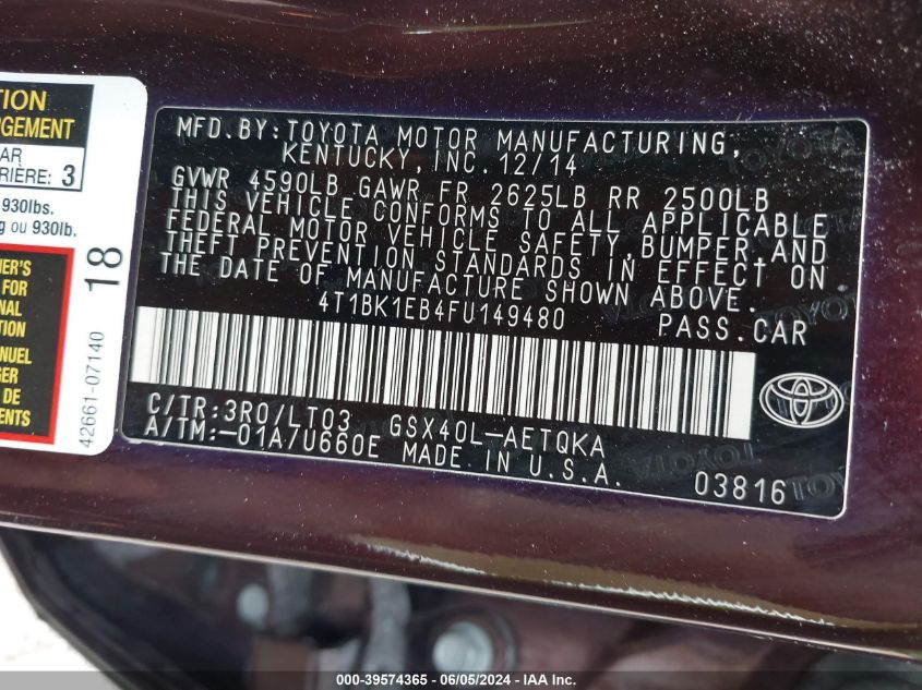 2015 TOYOTA AVALON XLE TOURING - 4T1BK1EB4FU149480