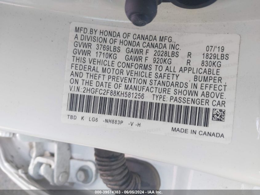 2019 Honda Civic Sport VIN: 2HGFC2F88KH581256 Lot: 39574383