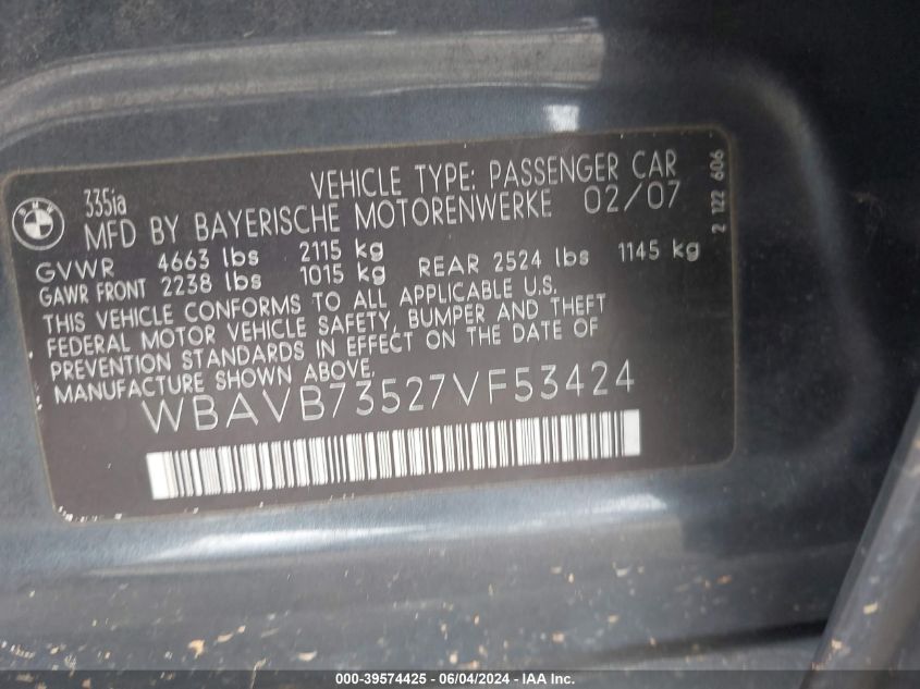 2007 BMW 335I VIN: WBAVB73527VF53424 Lot: 39574425