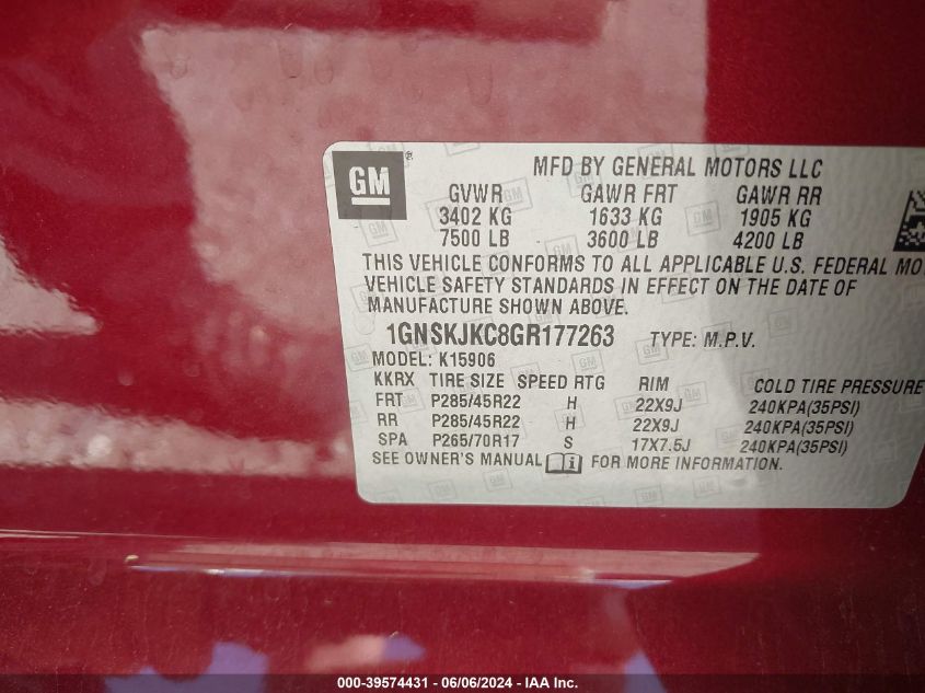 2016 Chevrolet Suburban Ltz VIN: 1GNSKJKC8GR177263 Lot: 39574431