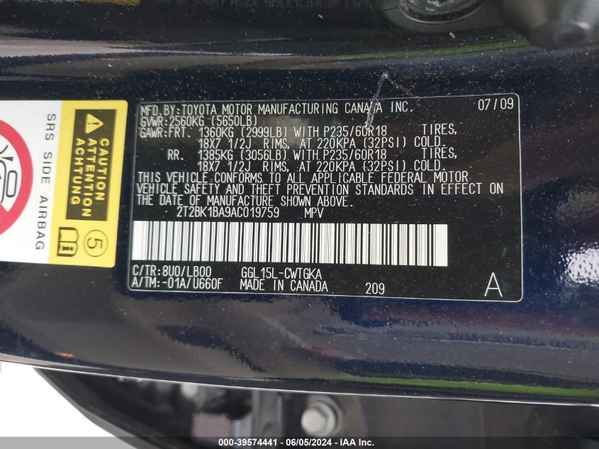 2010 Lexus Rx 350 VIN: 2T2BK1BA9AC019759 Lot: 39574441