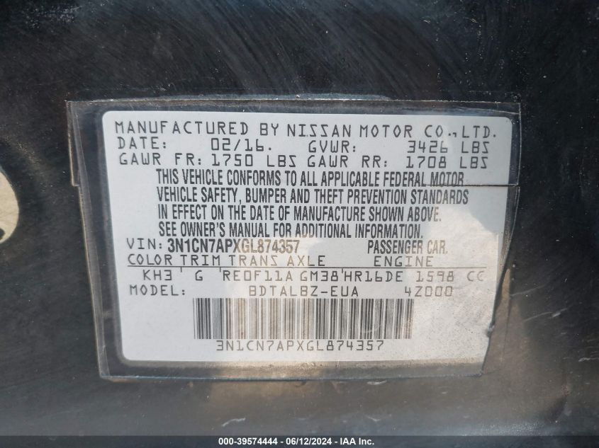 2016 Nissan Versa 1.6 Sv VIN: 3N1CN7APXGL874357 Lot: 39574444