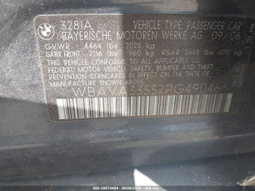 2007 BMW 328I VIN: WBAVA33557PG49046 Lot: 39574454