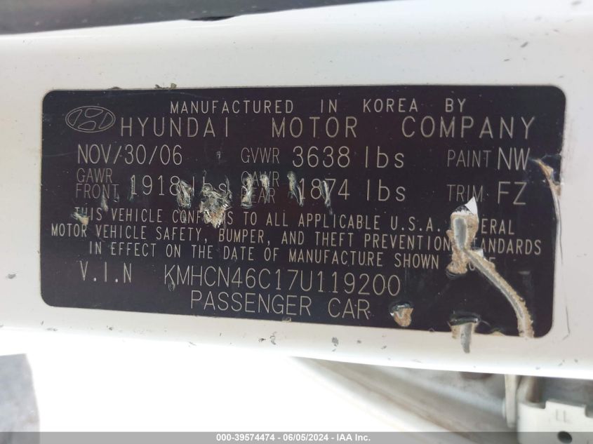 2007 Hyundai Accent Gls VIN: KMHCN46C17U119200 Lot: 39574474