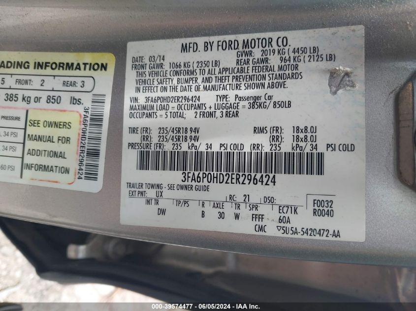 2014 FORD FUSION SE - 3FA6P0HD2ER296424