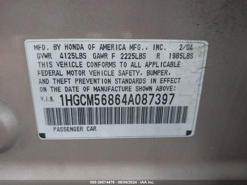 2004 Honda Accord 2.4 Ex VIN: 1HGCM56864A087397 Lot: 39574479