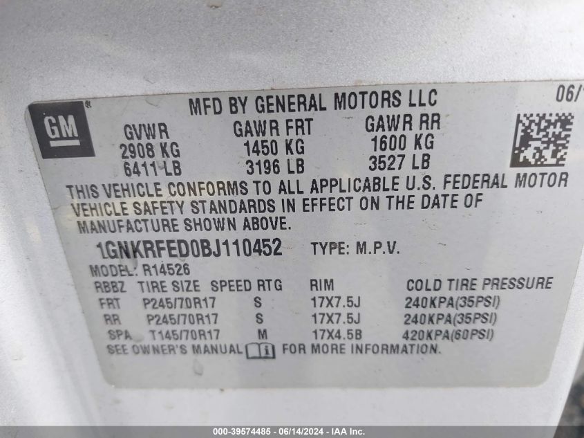 2011 Chevrolet Traverse Ls VIN: 1GNKRFED0BJ110452 Lot: 39574485