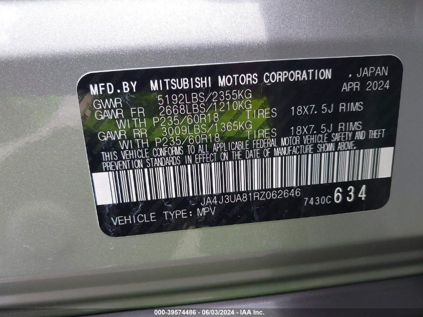 2024 Mitsubishi Outlander Es 2.5 2Wd VIN: JA4J3UA81RZ062646 Lot: 39574486