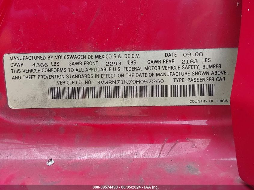 2009 Volkswagen Jetta Se/Sel VIN: 3VWRM71K79M057260 Lot: 39574490