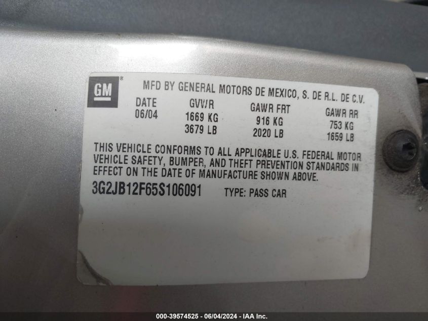 2005 Pontiac Sunfire VIN: 3G2JB12F65S106091 Lot: 39574525