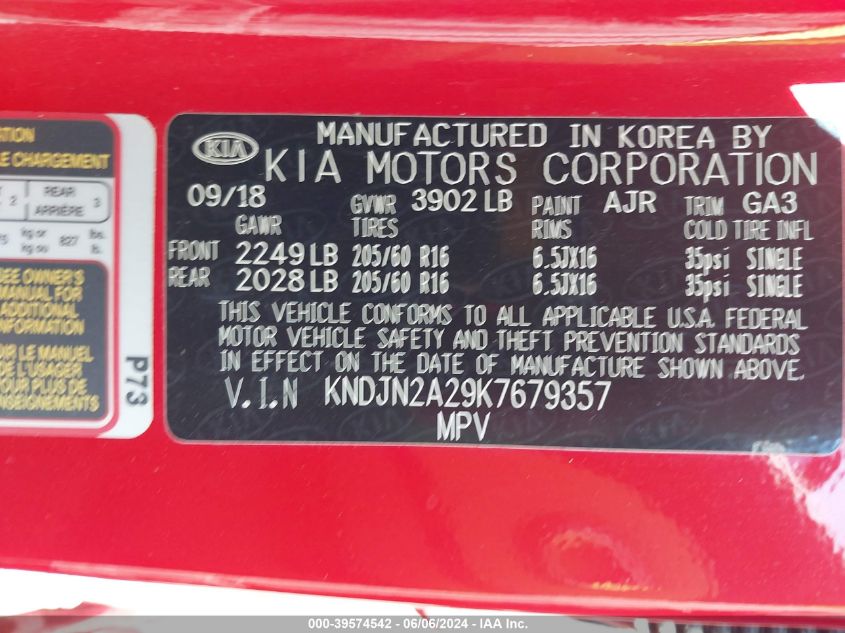 2019 Kia Soul VIN: KNDJN2A29K7679357 Lot: 39574542