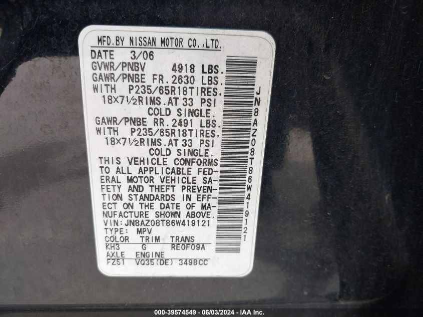 2006 Nissan Murano S VIN: JN8AZ08T86W419121 Lot: 39574549