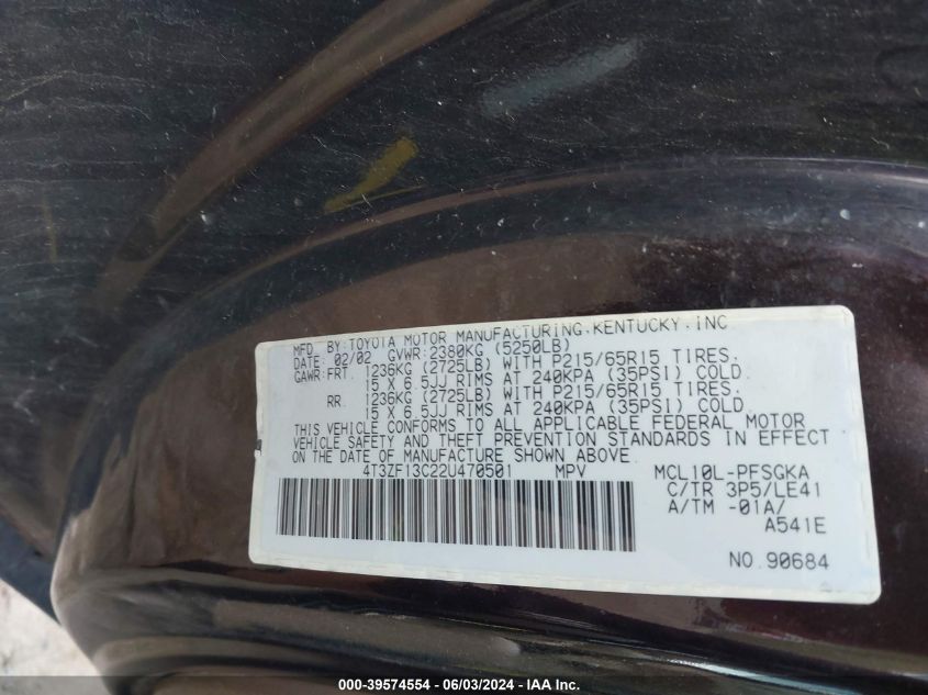 2002 Toyota Sienna Xle VIN: 4T3ZF13C22U470501 Lot: 39574554