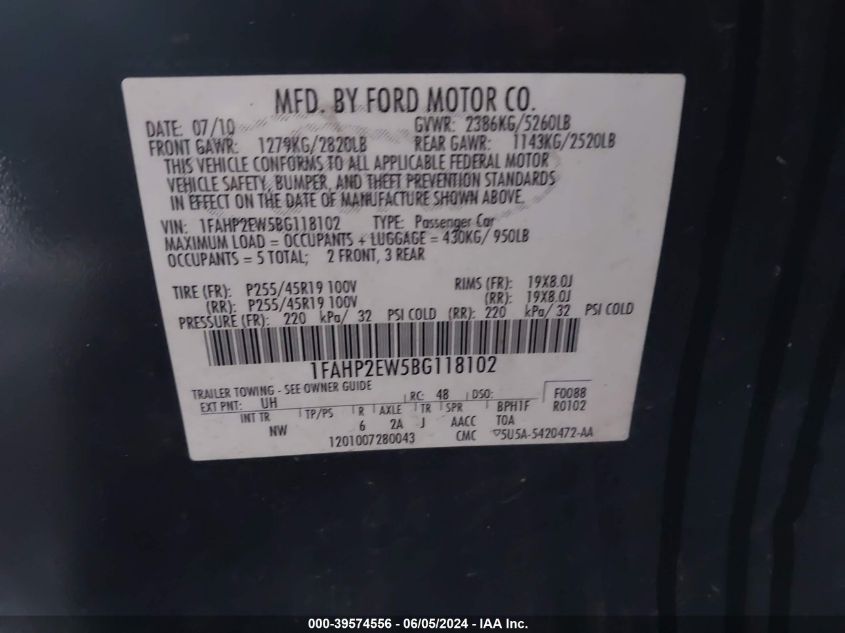 2011 Ford Taurus Sel VIN: 1FAHP2EW5BG118102 Lot: 39574556