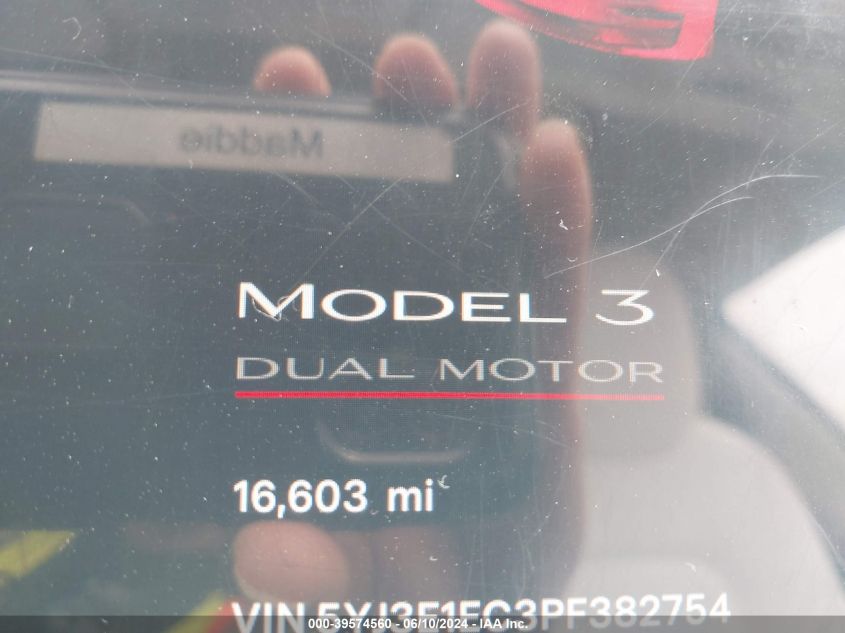 2023 Tesla Model 3 Performance Dual Motor All-Wheel Drive VIN: 5YJ3E1EC3PF382754 Lot: 39574560