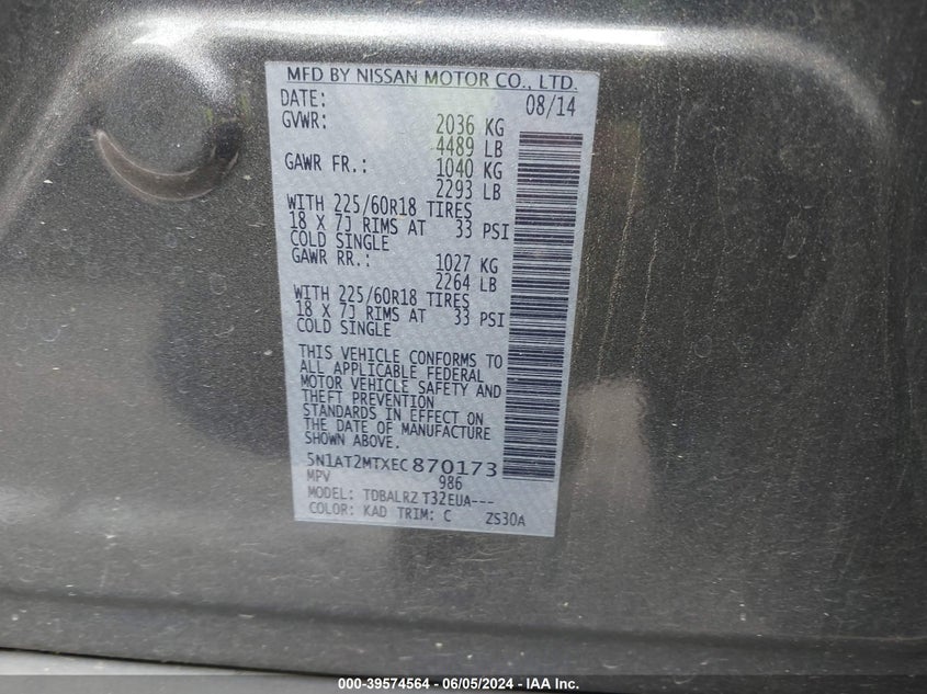 2014 Nissan Rogue Sl VIN: 5N1AT2MTXEC870173 Lot: 39574564