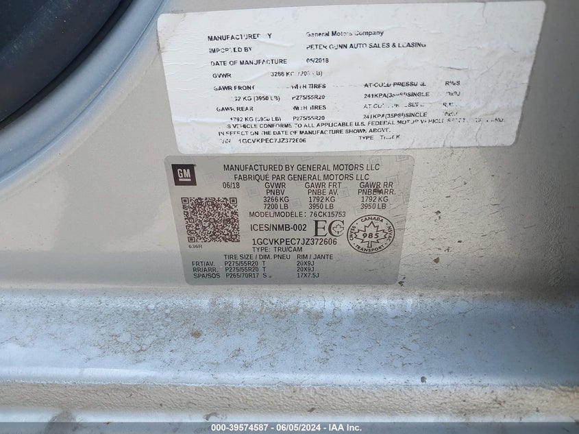 2018 Chevrolet Silverado 1500 Custom VIN: 1GCVKPEC7JZ372606 Lot: 39574587