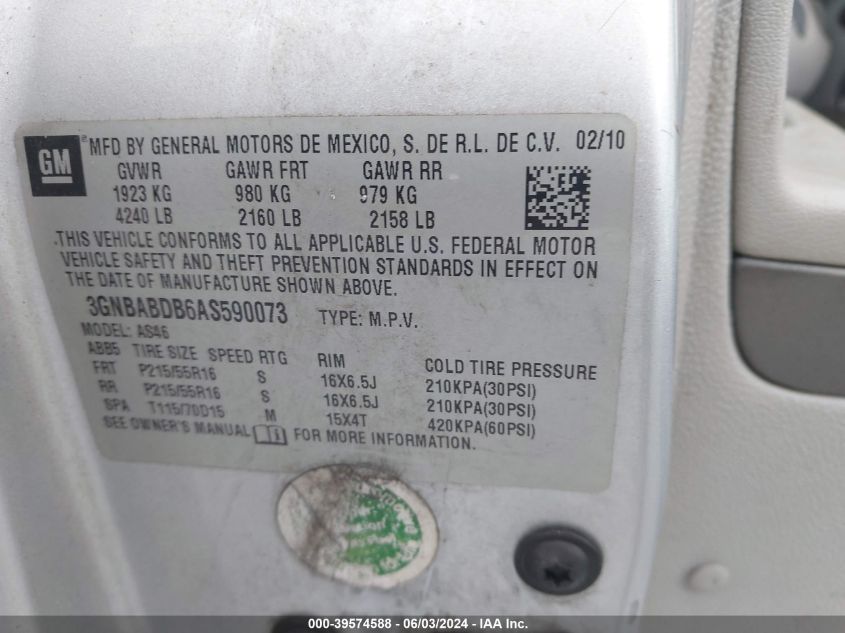2010 Chevrolet Hhr Lt VIN: 3GNBABDB6AS590073 Lot: 39574588