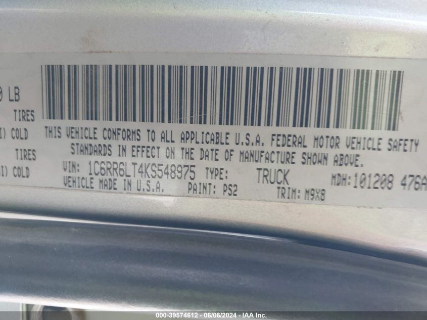 2019 Ram 1500 Classic Big Horn 4X2 5'7 Box VIN: 1C6RR6LT4KS548975 Lot: 39574612