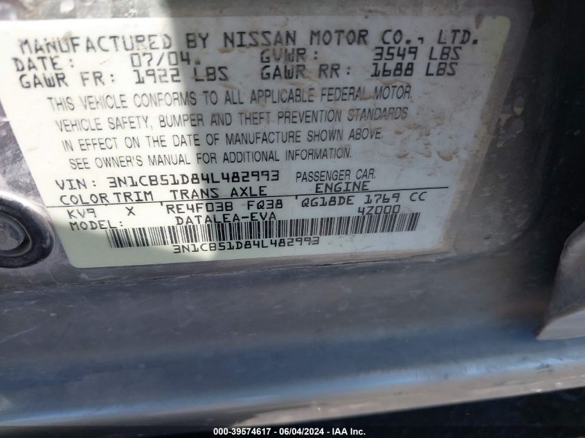 2004 Nissan Sentra 1.8S VIN: 3N1CB51D84L482993 Lot: 39574617