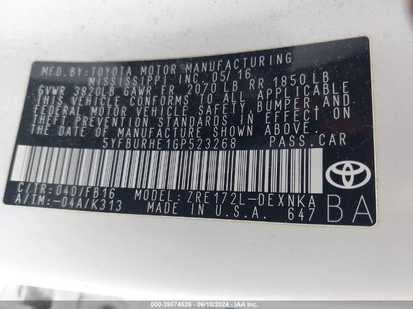 2016 TOYOTA COROLLA LE - 5YFBURHE1GP523268
