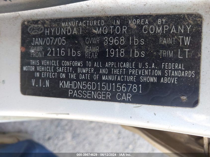 2005 Hyundai Elantra Gls/Gt VIN: KMHDN56D15U156781 Lot: 39574629