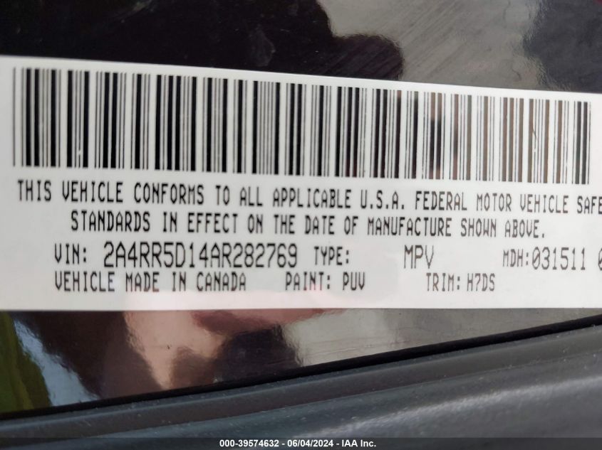 2010 Chrysler Town & Country Touring VIN: 2A4RR5D14AR282769 Lot: 39574632