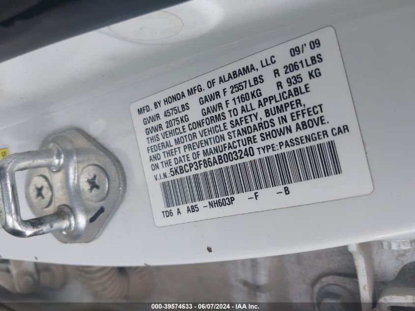 2010 Honda Accord 3.5 Ex-L VIN: 5KBCP3F86AB003240 Lot: 39574633