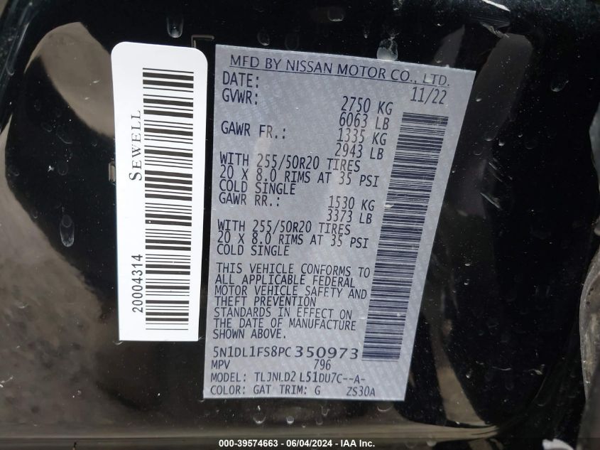 2023 Infiniti Qx60 Luxe Awd VIN: 5N1DL1FS8PC350973 Lot: 39574663