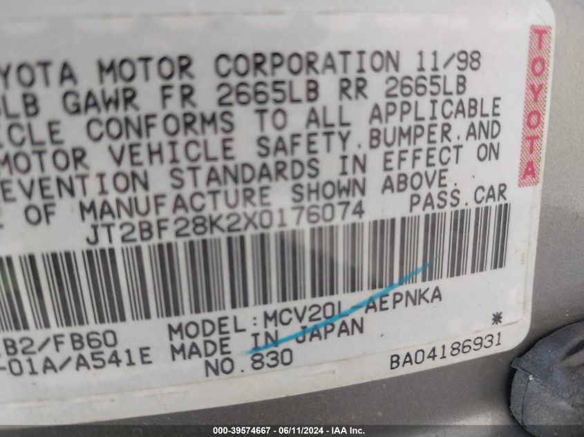 1999 Toyota Camry Le V6 VIN: JT2BF28K2X0176074 Lot: 39574667