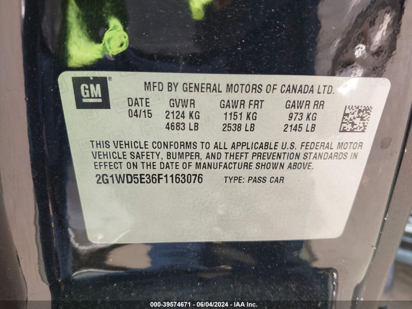 2015 Chevrolet Impala Limited Police VIN: 2G1WD5E36F1163076 Lot: 39574671