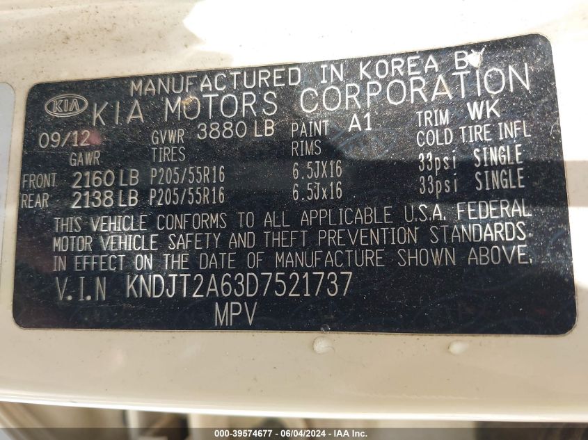 2013 Kia Soul + VIN: KNDJT2A63D7521737 Lot: 39574677