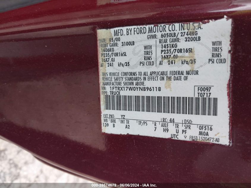 2000 Ford F-150 Lariat/Work Series/Xl/Xlt VIN: 1FTRX17W0YNB96118 Lot: 39574679