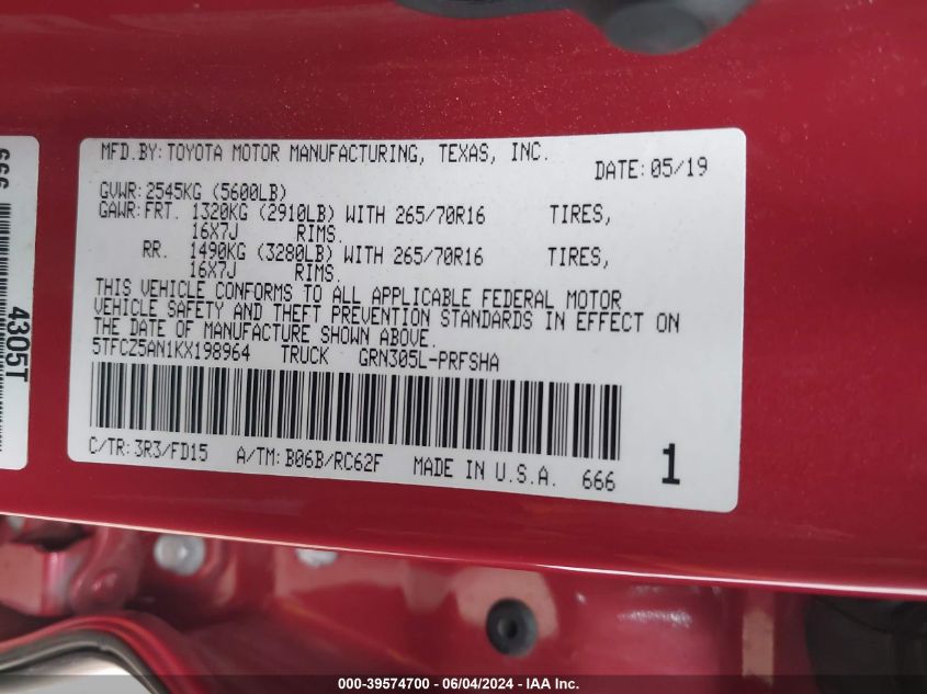 2019 Toyota Tacoma Trd Off Road VIN: 5TFCZ5AN1KX198964 Lot: 39574700