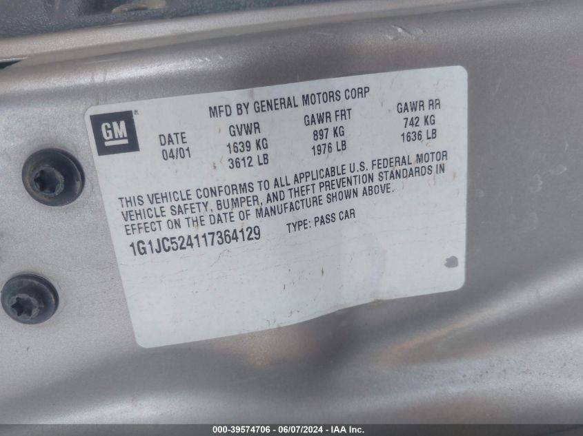 2001 Chevrolet Cavalier VIN: 1G1JC524117364129 Lot: 39574706