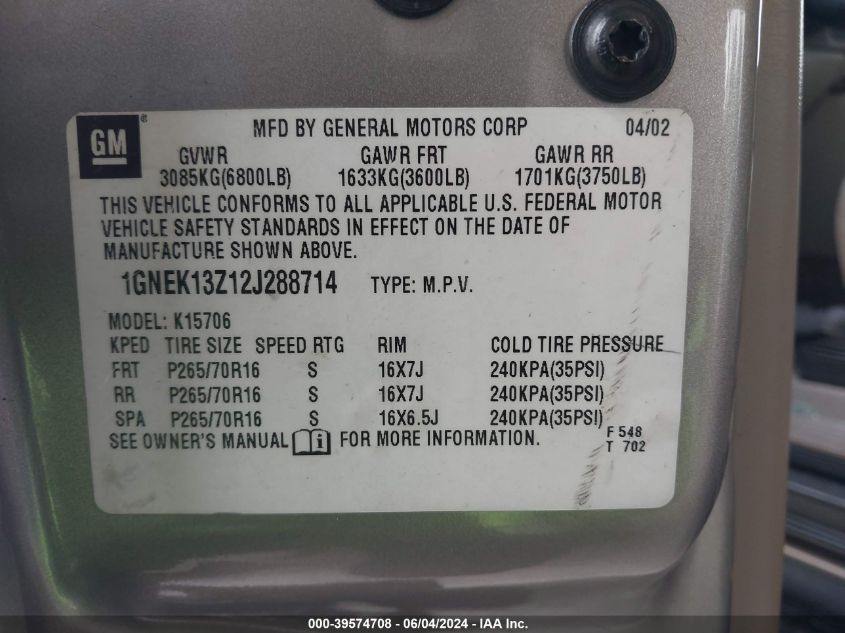 2002 Chevrolet Tahoe Lt VIN: 1GNEK13Z12J288714 Lot: 39574708