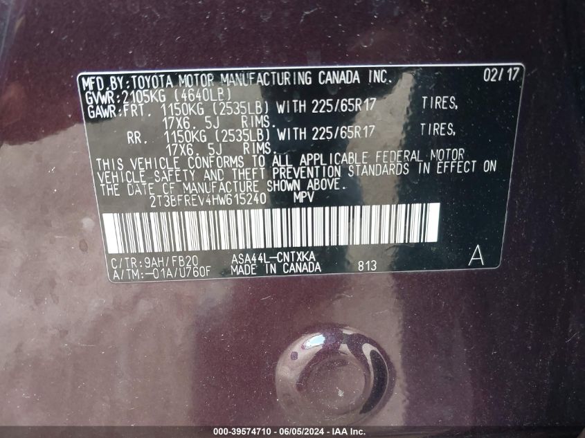 2017 Toyota Rav4 Le VIN: 2T3BFREV4HW615240 Lot: 39574710
