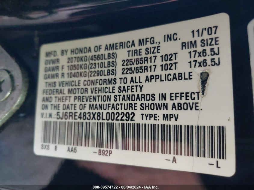 2008 Honda Cr-V Lx VIN: 5J6RE483X8L002292 Lot: 39574722
