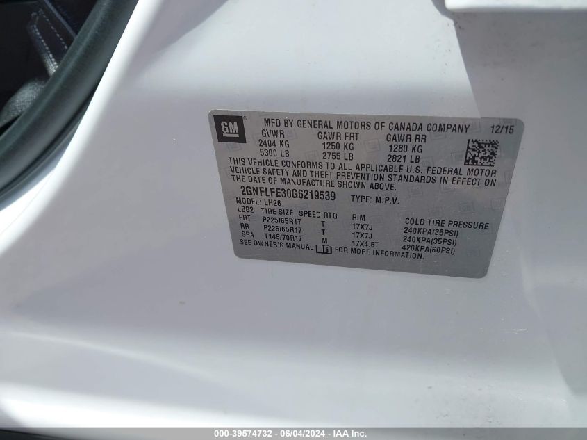 2016 Chevrolet Equinox Lt VIN: 2GNFLFE30G6219539 Lot: 39574732